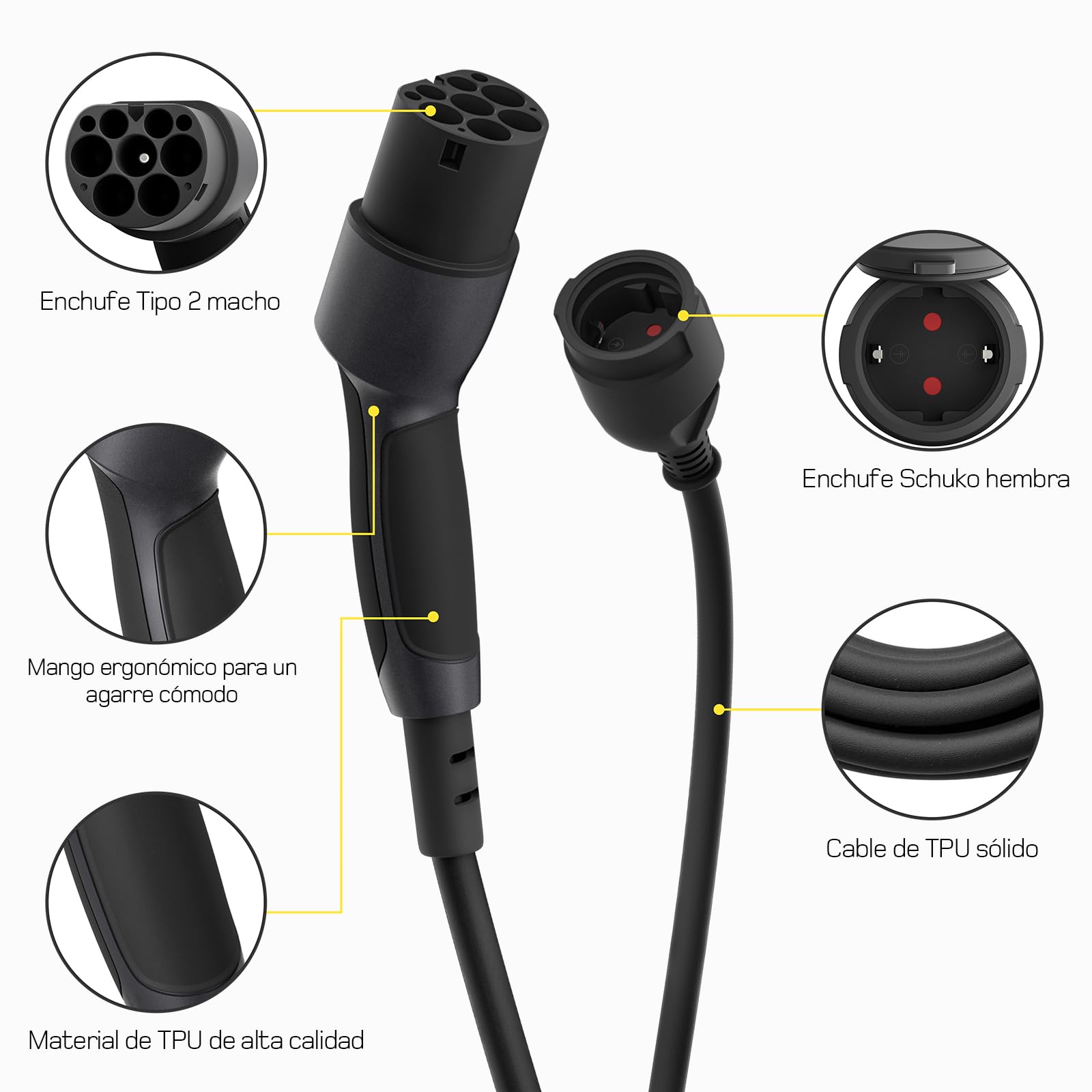 dé Adaptador Tipo 2 a Schuko 16A 0,6m Carga Fácil en estacion de Carga Coche/Wallbox 230V, IP55 para Bicicletas Eléctricas, Scooters Eléctricos y Motos No para V2L