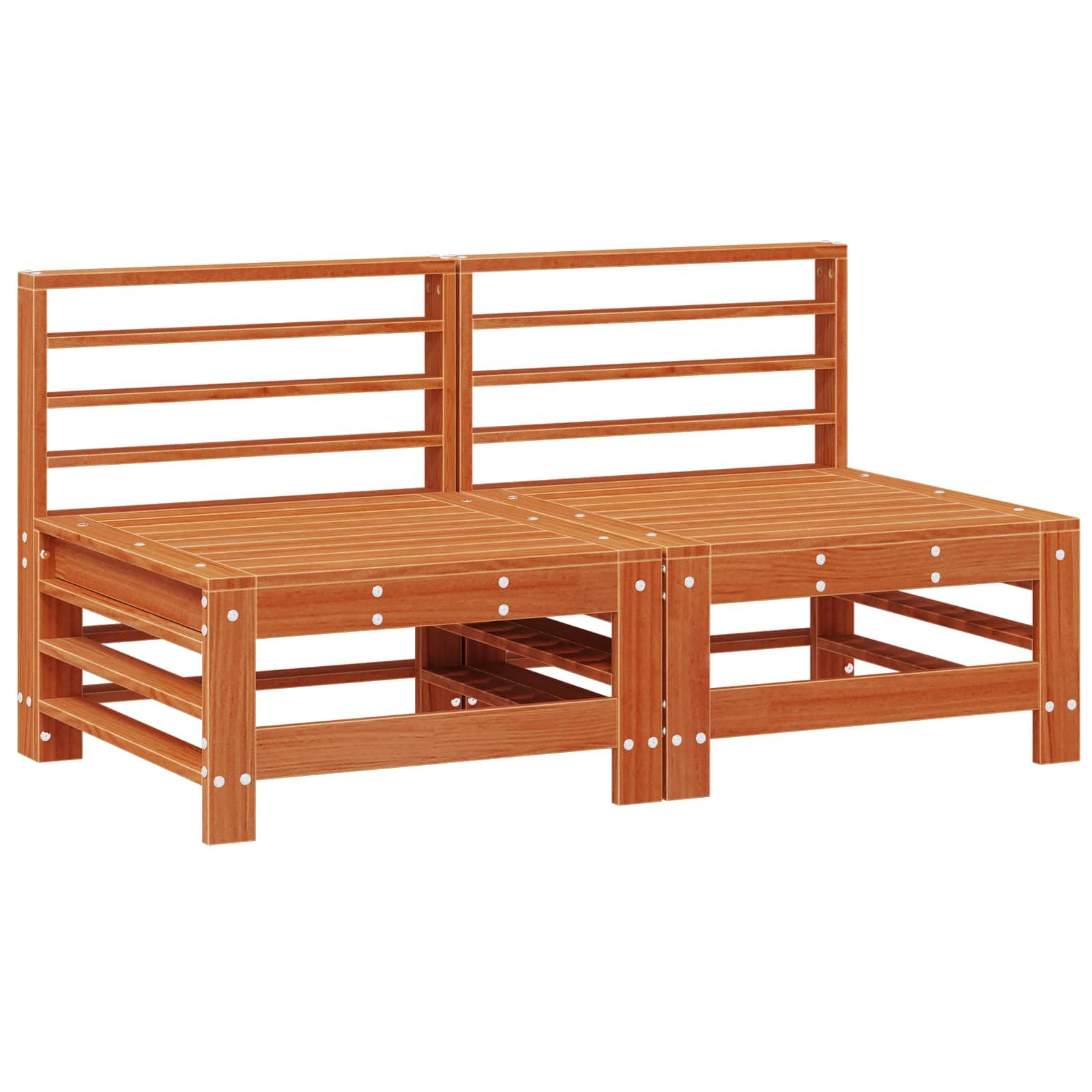 Sofá central de jardín de madera maciza de pino marrón encerado para muebles de exterior con disposición modular, tapicería resistente a la intemperie y diseño robusto para terraza, balcón y