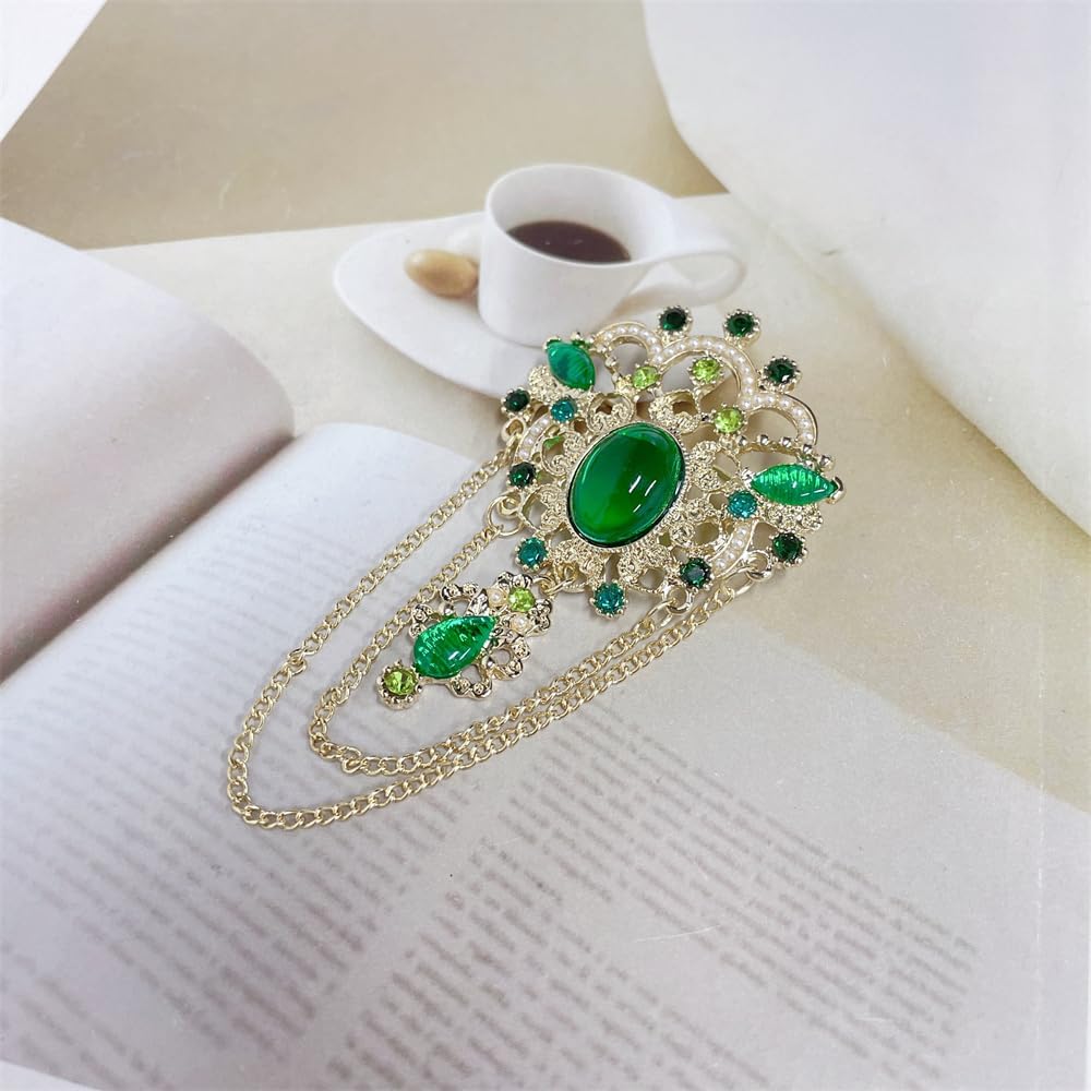 Dainty Green Simulated CZ Tassel Drop Brooch Lapel Pins for Women Vintage Antique Gold-Tone Simulated Pearl Flower Brooches Pin for Dress Suit Accessories Fashion Jewelry - Image 4