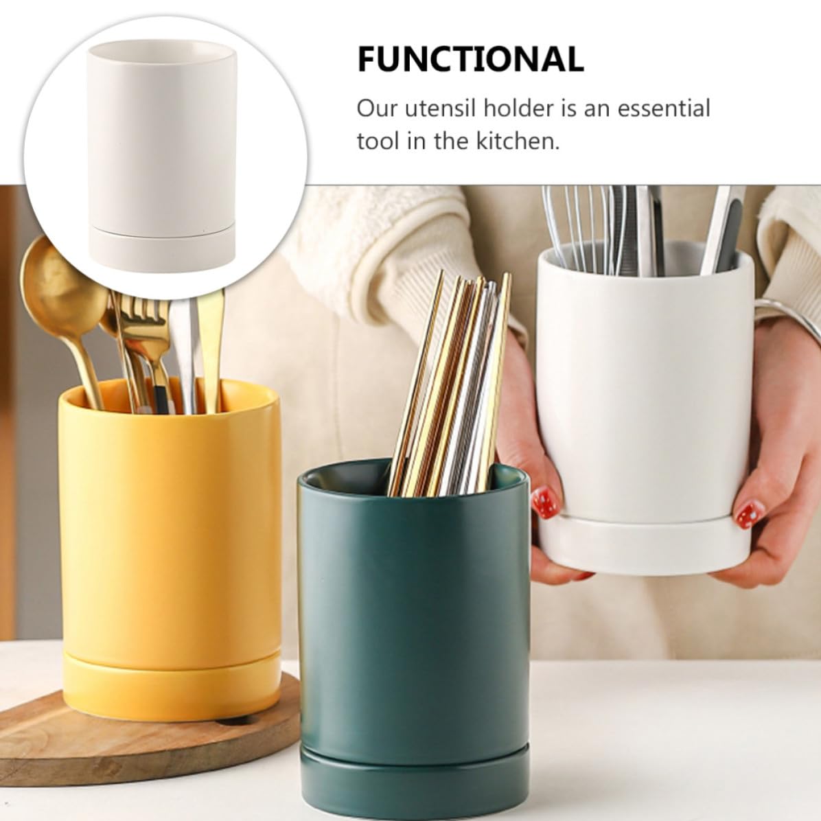SHINEOFI Porte-ustensiles en Céramique Blanc avec Fonction Drainante et Résistance aux Rayures Cuisine, Support Pratique pour Baguettes et Fourchettes