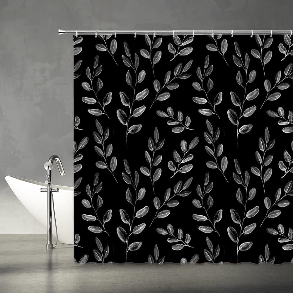 White Leaf Shower Curtain Eucalyptus Black and White Plant Botanical Watercolor Floral Nature Leaves Ombre Bathroom Decor Fabric Set with Hooks(74.8" Wx70 H)