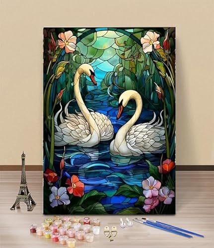 HOLXSW Peinture par numéros pour adultes Fleur de verre Oie blanche 148 Toile de lin de 40 x 50 cm et 3 pinceaux peinture acrylique (sans bordure)