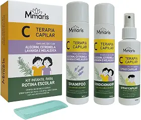 Kit Shampoo Condicionador Spray Terapia Capilar M MariS Rotina Escolar Uso Diário + Pente Fino Combate Piolhos e Lêndeas