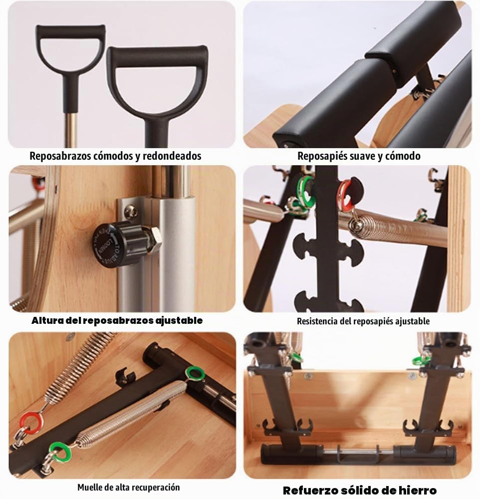 Asiento de Pilates de PU y Madera para Reformer, Corrector de Postura, Barril de Pilates, Silla de Pilates con Pedales y Asas divididos para Yoga, Set Multifuncional de Reformer de Pilates.