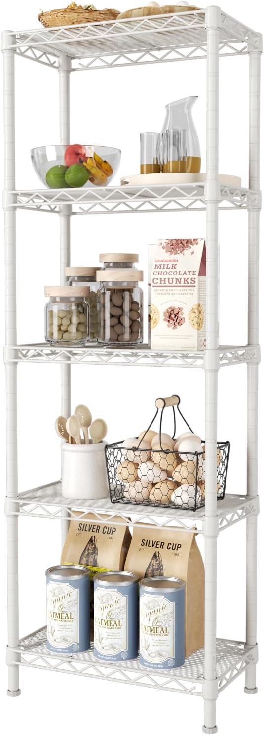 SINGAYE 5 Shelves Storage Shelf Wire Closet Bathroom Organizers Metal Pantry Kitchen Small Garage Shelving Unit Laundry Room Organization Home Corner Rack Estantes para Cocina White 10″ Dx16 Wx55”H SINGAYE 5 Shelves Storage Shelf Wire Closet Bathroom Organizers Metal Pantry Kitchen Small Garage Shelving Unit Laundry Room Organization Home Corner Rack Estantes para Cocina White 10″ Dx16 Wx55”H