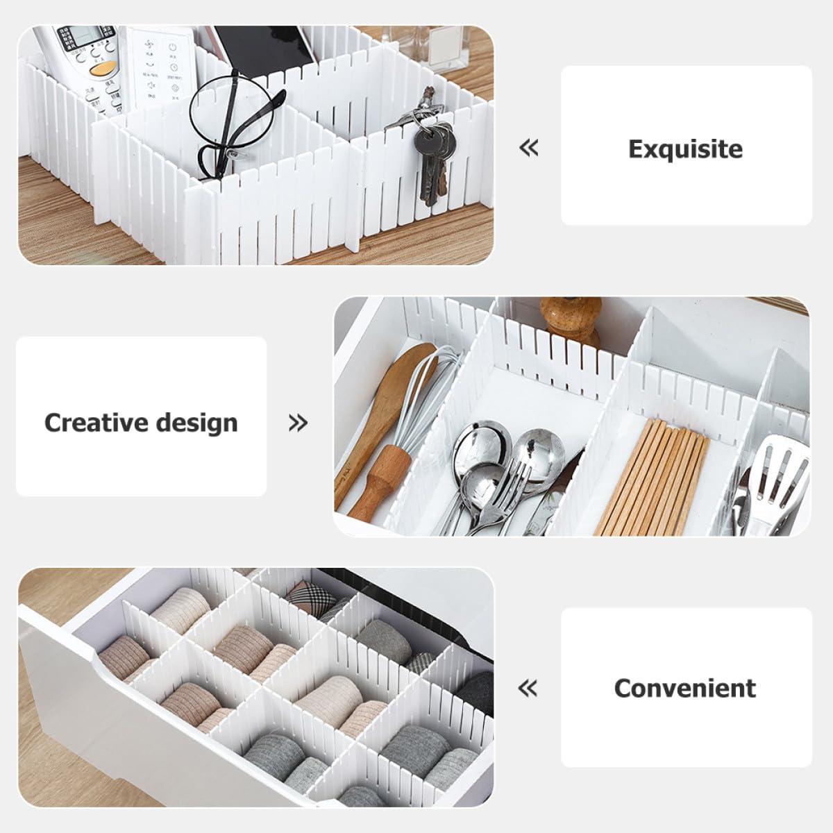 12 separadores ajustables de plástico blanco para cajones para oficina y cocina, sistema modular para almacenamiento de ropa interior, calcetines y objetos pequeños