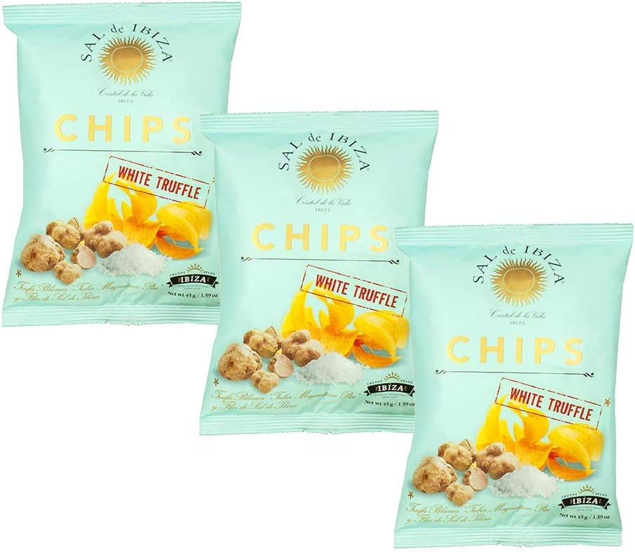 White Truffle Potato Chips by Sal de Ibiza, Cristal de la Vida Ibiza, with Agria Potatoes, Sunflower Oil, Fleur de Sel, and Sea Salt from Ibiza, Premium – Product of Spain 1.59oz (45g) each (Pack 3)