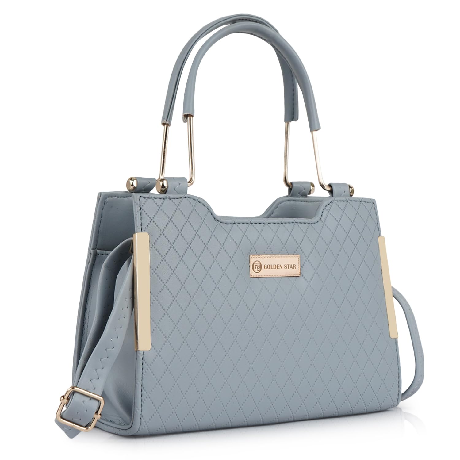 Golden Star Ladies Quilted Handbag with Shoulder Strap, Teal Blue, Metal Accents-image-21