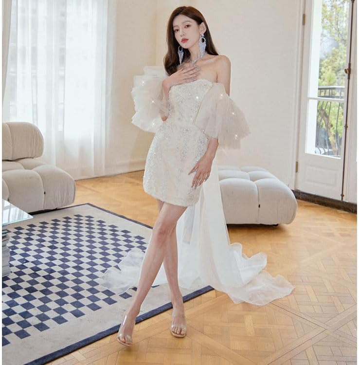 [R-QINYUER] ビスチェタイプ オフショルダー ミニドレス レディースドレス 結婚式 演奏会 お呼ばれドレス イブニングドレ