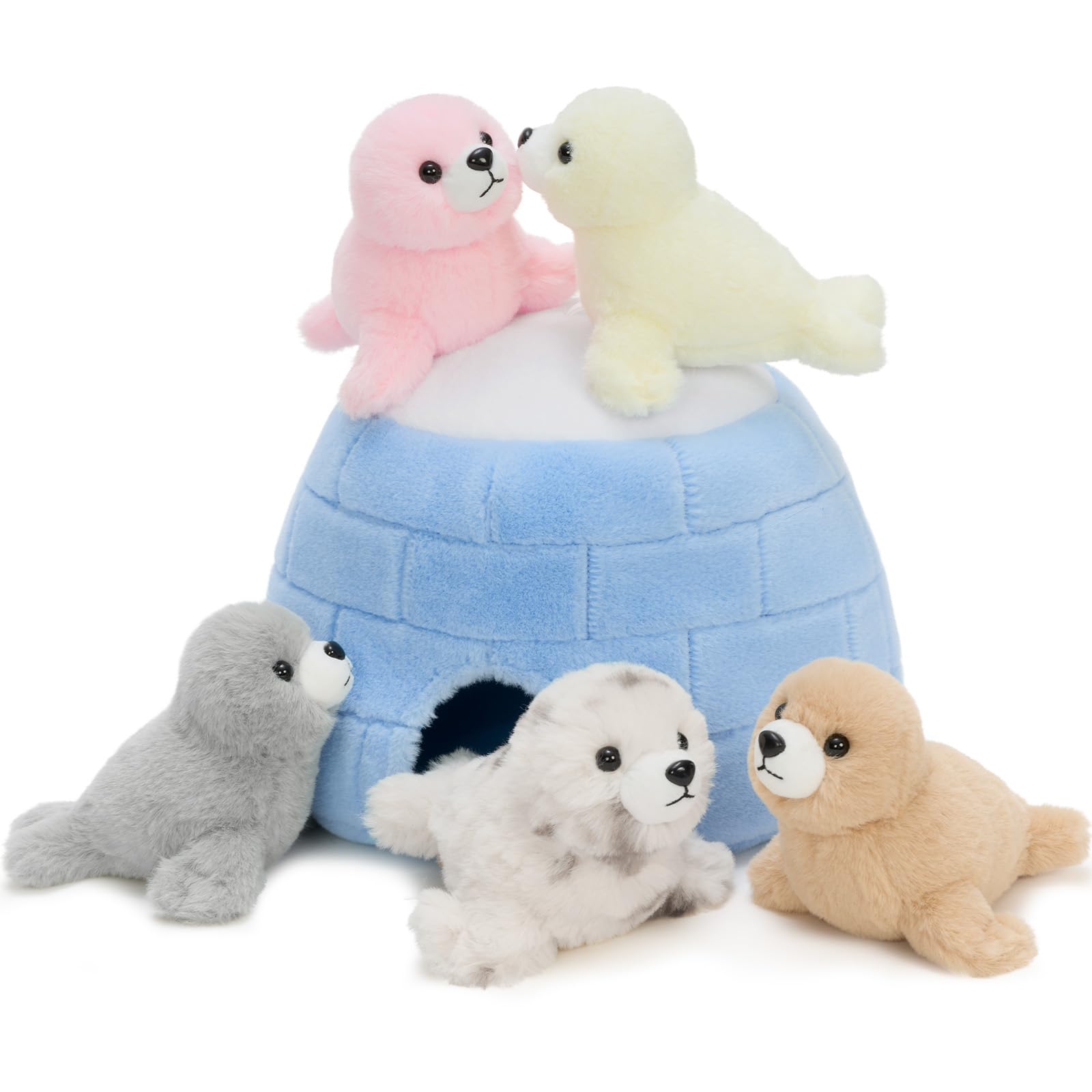 MorisMos 6pcs Seal Plush Teddy Set, 25cm Igloo with 5 Cuddly Seal Soft Toys, Huggable Cute Stuffed Animal Bag, Interactive Playset for Kids Birthday Party Favor — image 1