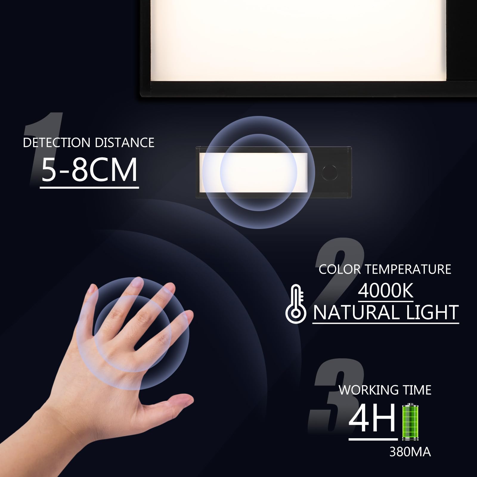 MAGICLULU Éclairage sous Meuble LED Rechargeable USB, Capteur de Mouvement Manuel, Magnétique, 12 CM, Noir, Lumière Neutre 4000K pour Placard et Dressing