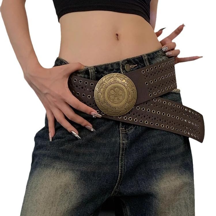 Womens-Western-Wide-Leather-Belt - Vintage Punk Hollow Chunky-Belts for Dresses Large Size2