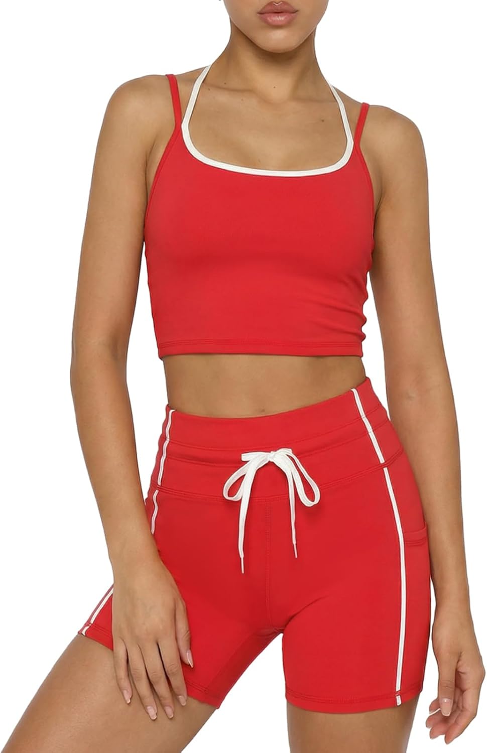 YOINS 2 Piece Women's Workout Sets Yoga Color Block Sports Bra and High Waisted Adjustable Biker Shorts with Pockets Set