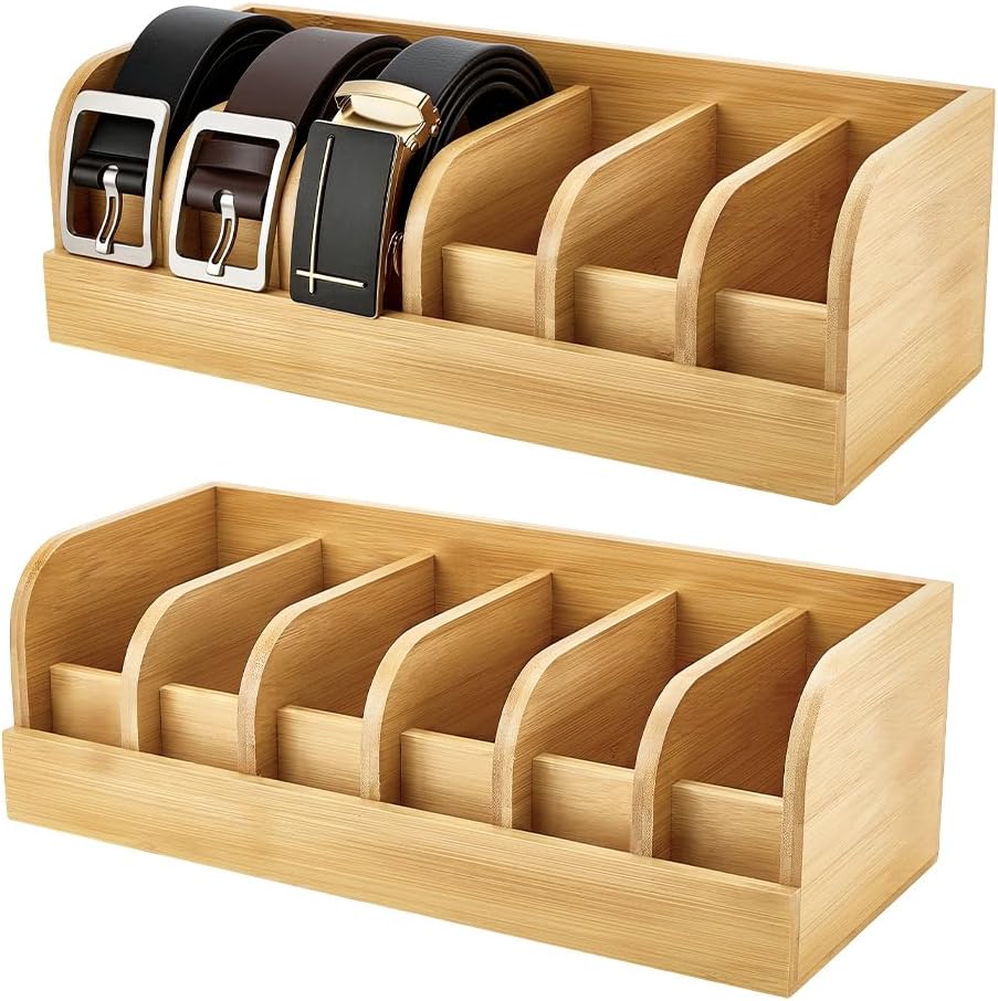PH PandaHall 2pcs Wood Belt Organizer with 6 Compartments Belt Storage Box 13.8x6x4.5 Belts Holder Organizer for Men Women Closet Holiday Home Decoration Gifts Tie Sunglasses Display