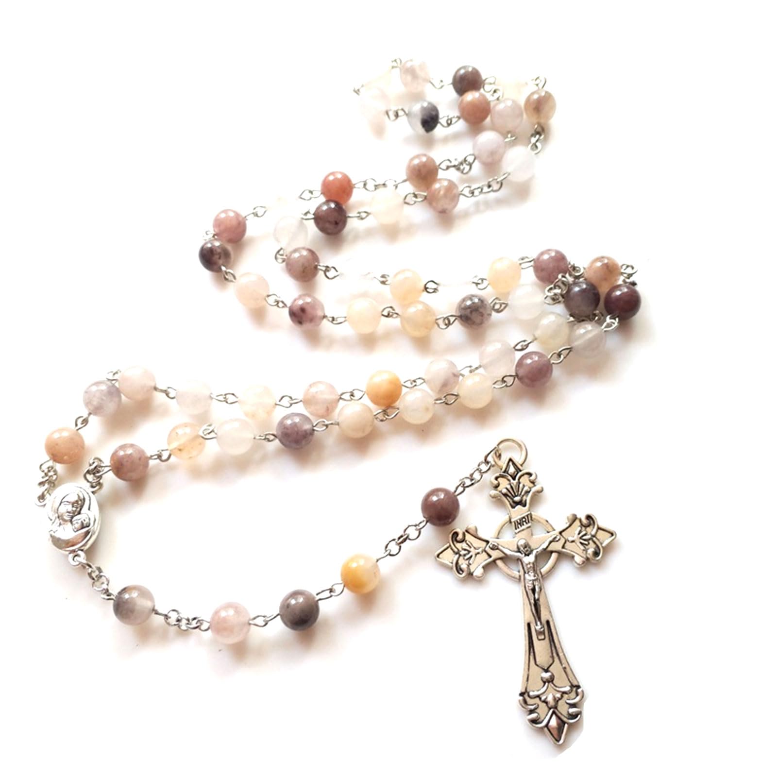 Elnwnnkc Multicolor Holy Jewelry Nature Stone Cross Rosary Necklace Charm Ornaments For Birthday Wedding Festival Party Decorations Decoration