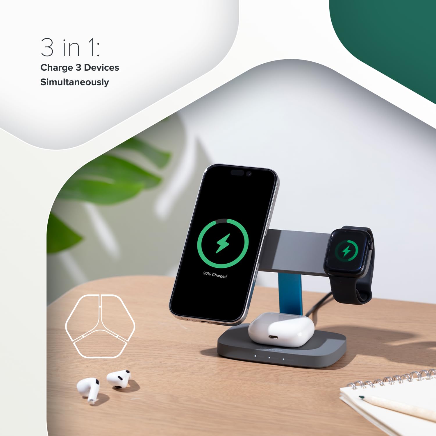 CANYON Hexagon WCS-310 - Estación de carga inalámbrica 3 en 1 para iPhone, Apple Watch y AirPods, cargador Qi rápido de 15 W, orientación magnética, indicador LED, adaptador de 20 W, gris oscuro/azul