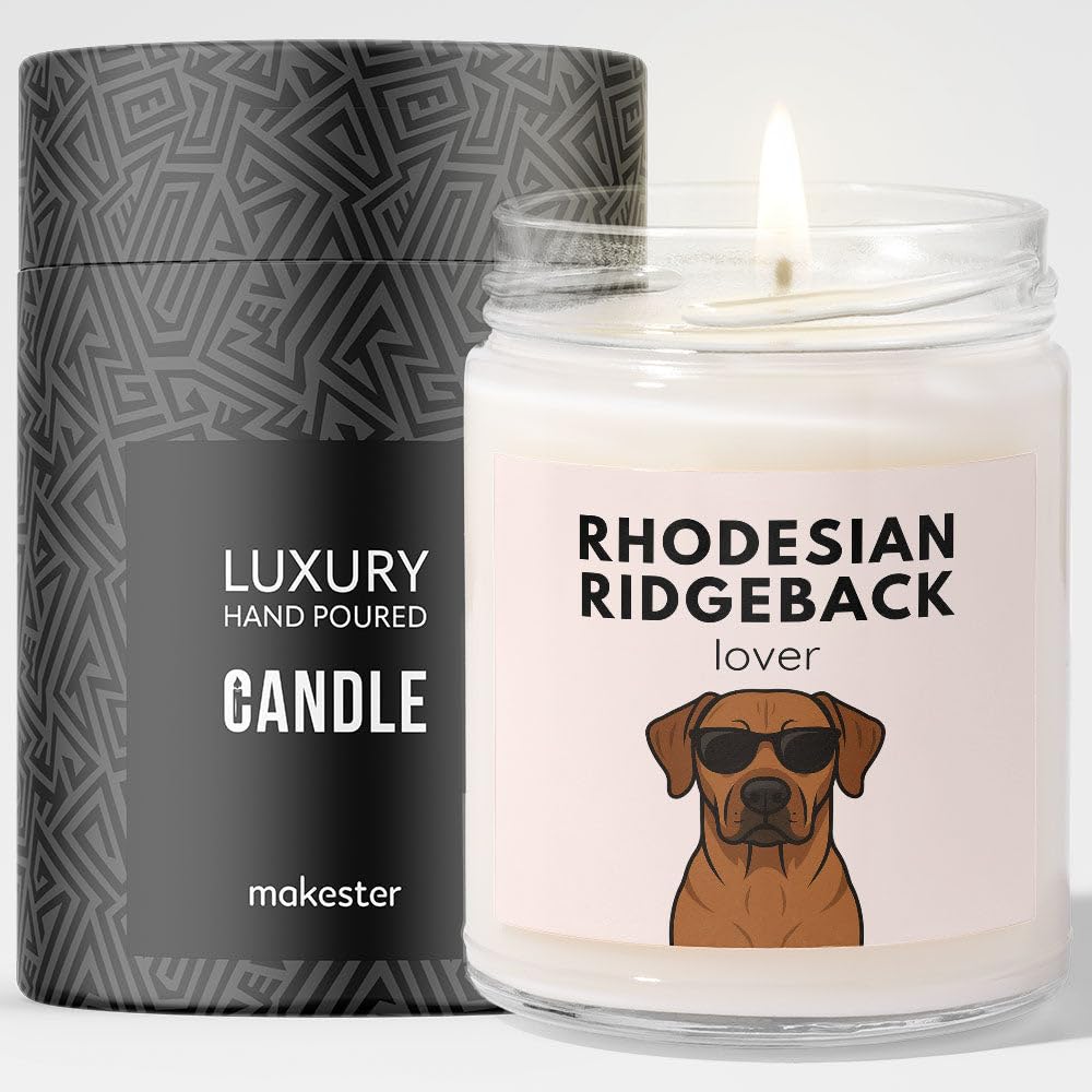 Rhodesian Ridgeback Gifts - Luxury Soy Wax Candle - Vanilla, Jasmine, Sugared Almond - Dogs in Shades - Makester