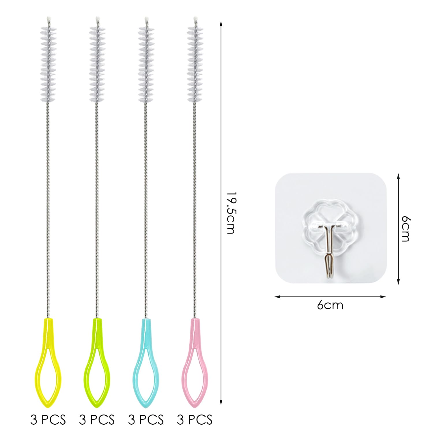 12 Cepillos De Limpieza para Pajitas, 2 Ganchos Transparentes, Cepillo para Pajitas De Acero Inoxidable, Cepillo para Limpiar Tubos De Ensayo, Cepillo para Tubos para Limpieza