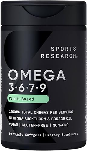 Sports Research Omega vegano 3-6-7-9  1200 mg de ácidos grasos Omega multiespectro certificado sin OMG fórmula con espino cerval de mar y aceite de