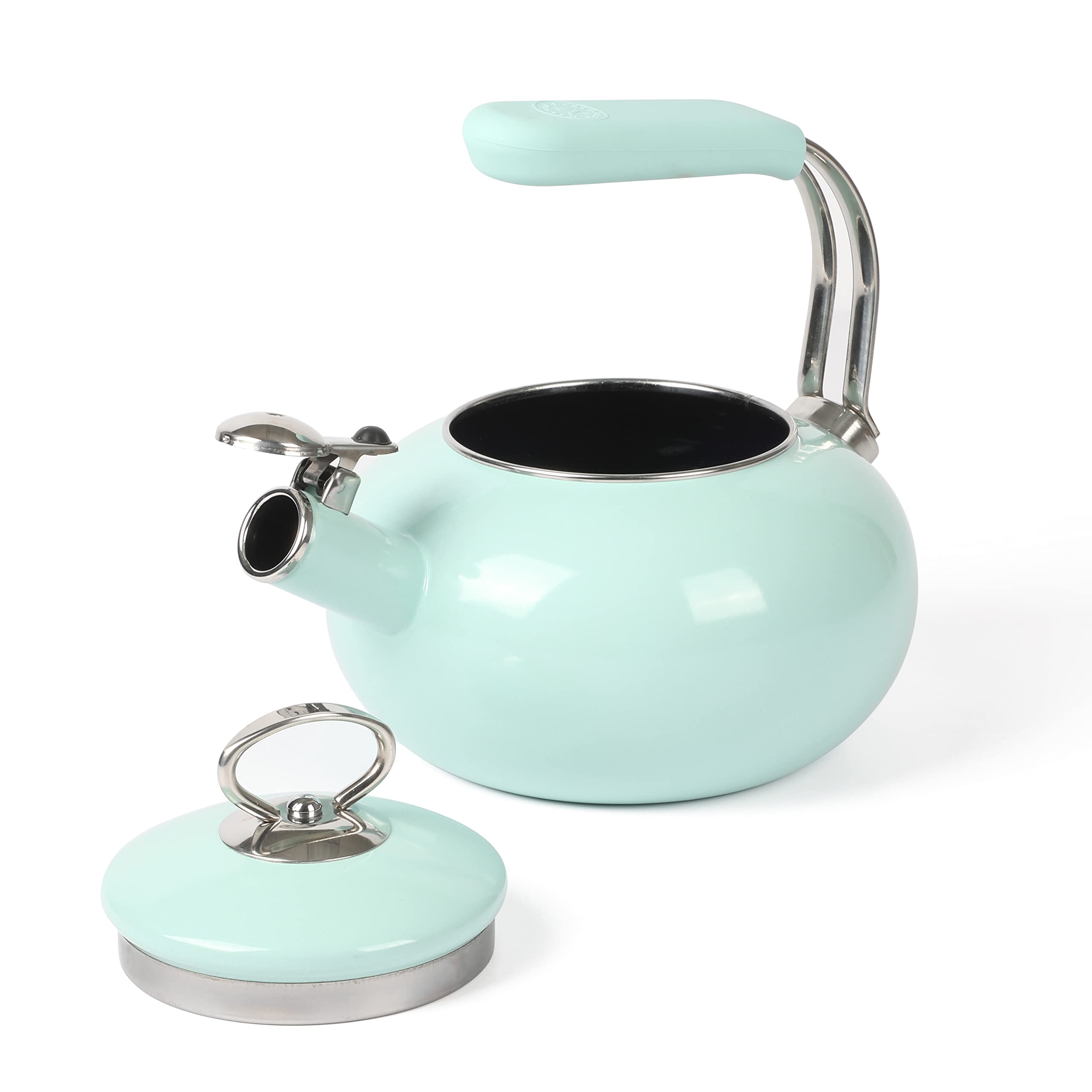 Martha Stewart 1.5-Quart Enamel on Steel Carbon Steel Tea Kettle w/Stainless Steel Handle - Martha Blue