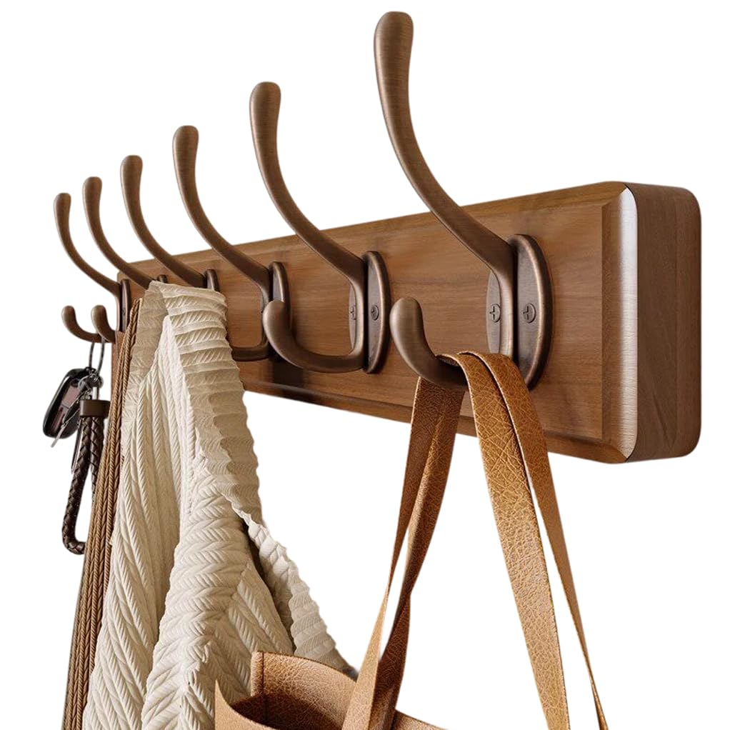 QPKZ Solid Wood Coat Rack Wall Mount, Walnut Color Wooden Wall Hooks Entryway Hanging Rack Coat Hooks Rail Clothes Towel Racks with Double Hook for Coat, Bag, Towel, Key, Hat 8Hook