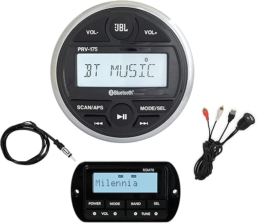 Combo de receptor de radio marino USB Bluetooth estilo calibre con control remoto con cable, radio marina universal con cable de 22 pulgadas, antena