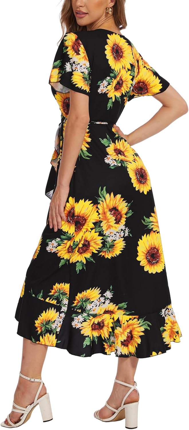 Women’s Deep V Neck Wrap Maxi Dresses Casual Ruffle Hem Split Long Dress - Image 2