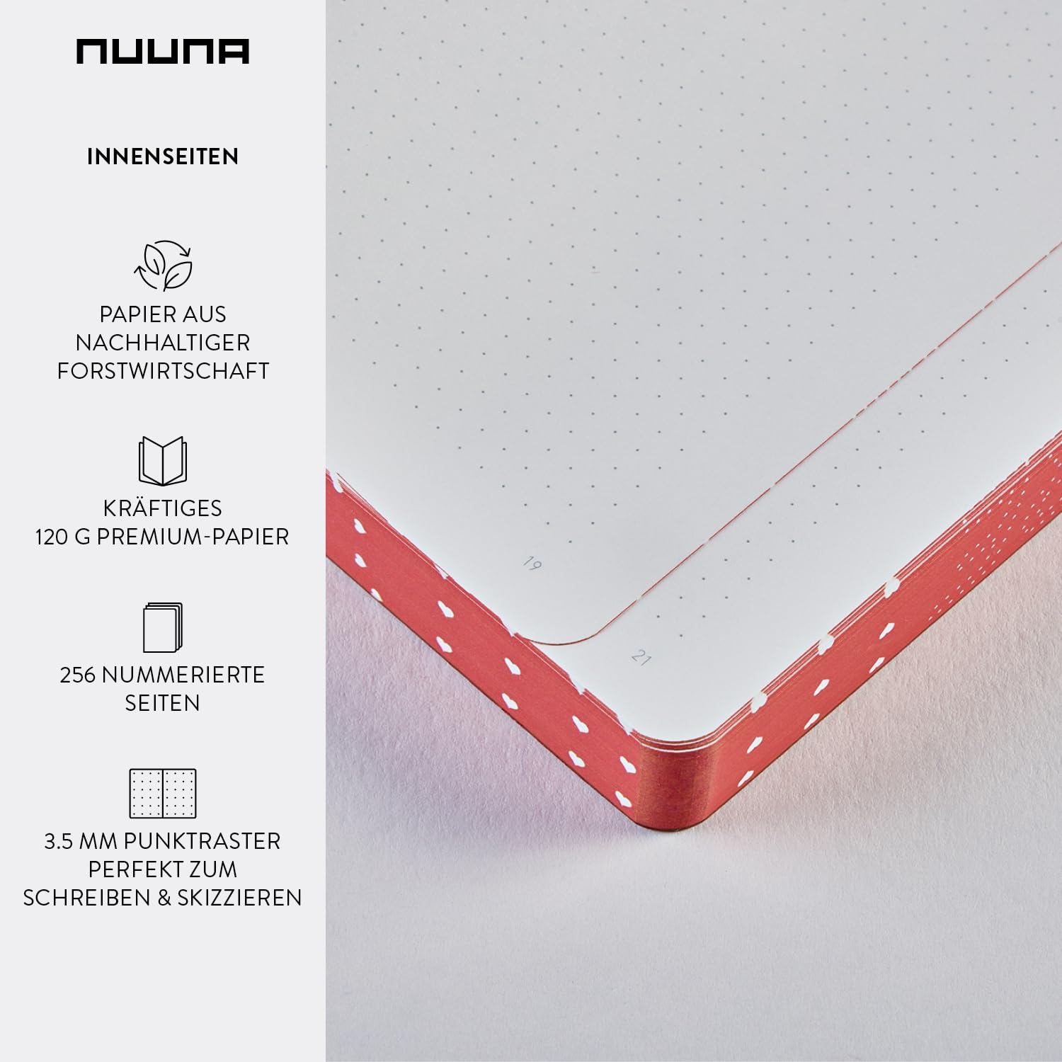 Nuuna Notizbuch A5+ | Graphic L - Heart Core | 3,5 mm Punktraster | 256 nummerierte Seiten | 120 g Premium-Papier | Leder rot | nachhaltig produziert in Deutschland