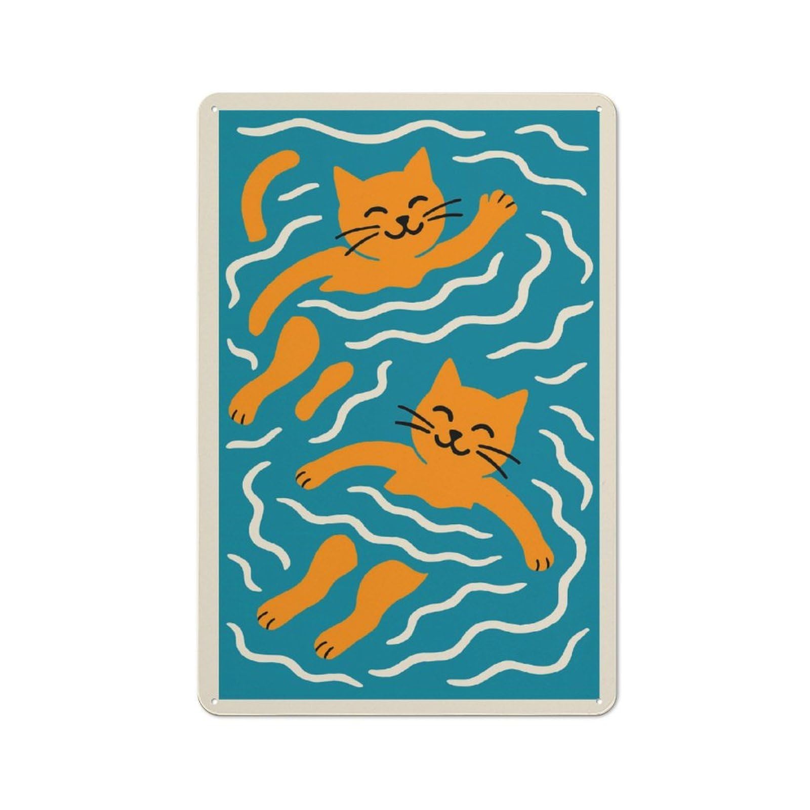 Junmoney Style-9 Swimming Cats Illustration Industrial Metal Wall Decor 30X20cm, Retro Metal Sign For Workshop, Basement, Shed Or Games Room