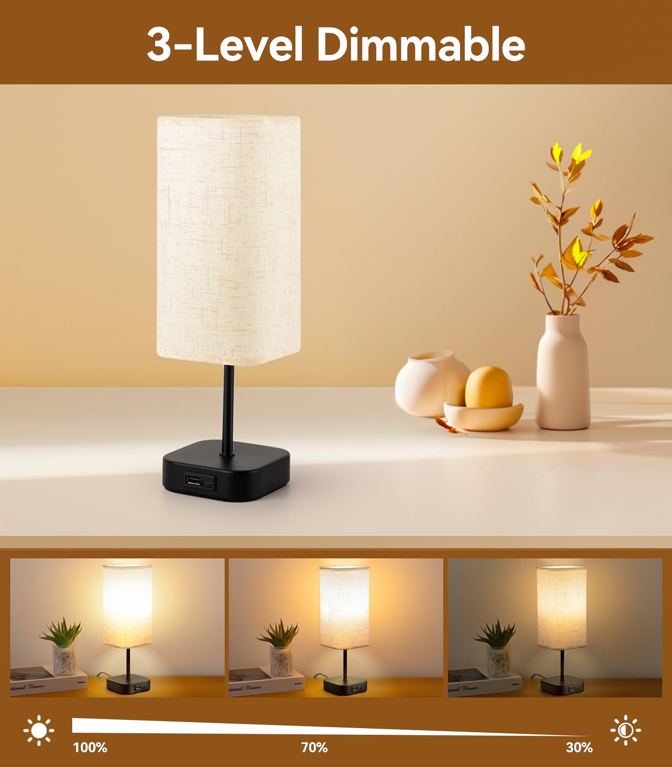 Table-Lamp-Bedside-Touch-Control-Dimmable-Charging-Rechargeable USB A+C Charger Ports 3-Way Dimmer Linen Fabric Shade Lamps LED Tables Lampe Reading Night Modern Lights Bedroom Living Bed Side Lounge - Image 3