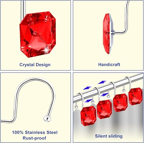 Miniatura 2 de Ganchos de cortina de ducha para baño, acero inoxidable resistente a la corrosión, diamantes de imitación decorativos cuadrados azules ganchos de