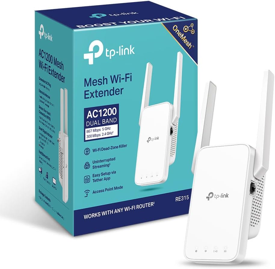 TP-Link RE315 AC1200Mbps WiFi Extender Booster Dual Band, 2 External Antennas, EasyMesh, WiFi Booster Range Extender, Internet Booster, Access Point, Works with Any WiFi Router, Easy Setup, UK Plug