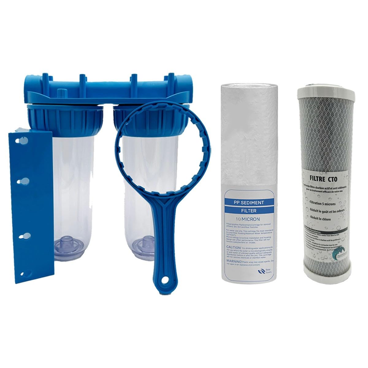 Pack de Filtration d'eau Double Porte Filtre Plus Filtre Anti sédiment 10 microns et Filtre à Charbon 5 microns