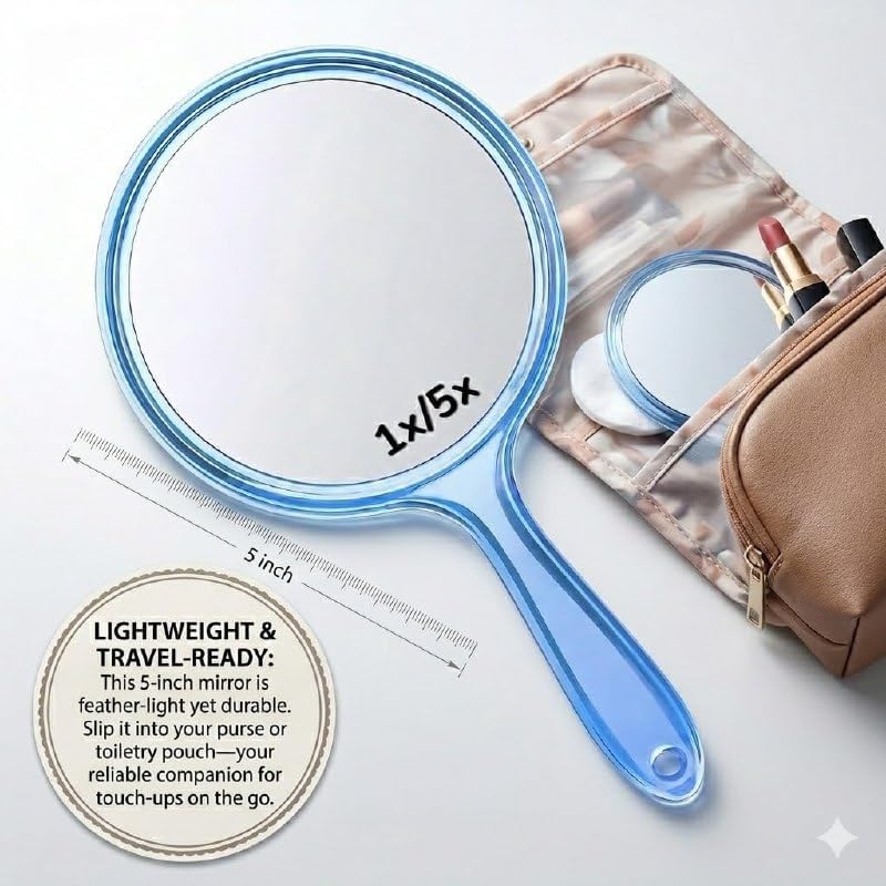 Image of Transparent Hand Mirror 1X /5X Magnification - 5‑inch Round Acrylic Mirror with Handle & Hanging Hole - Lightweight Portable Makeup & Grooming Tool (Blue Small)