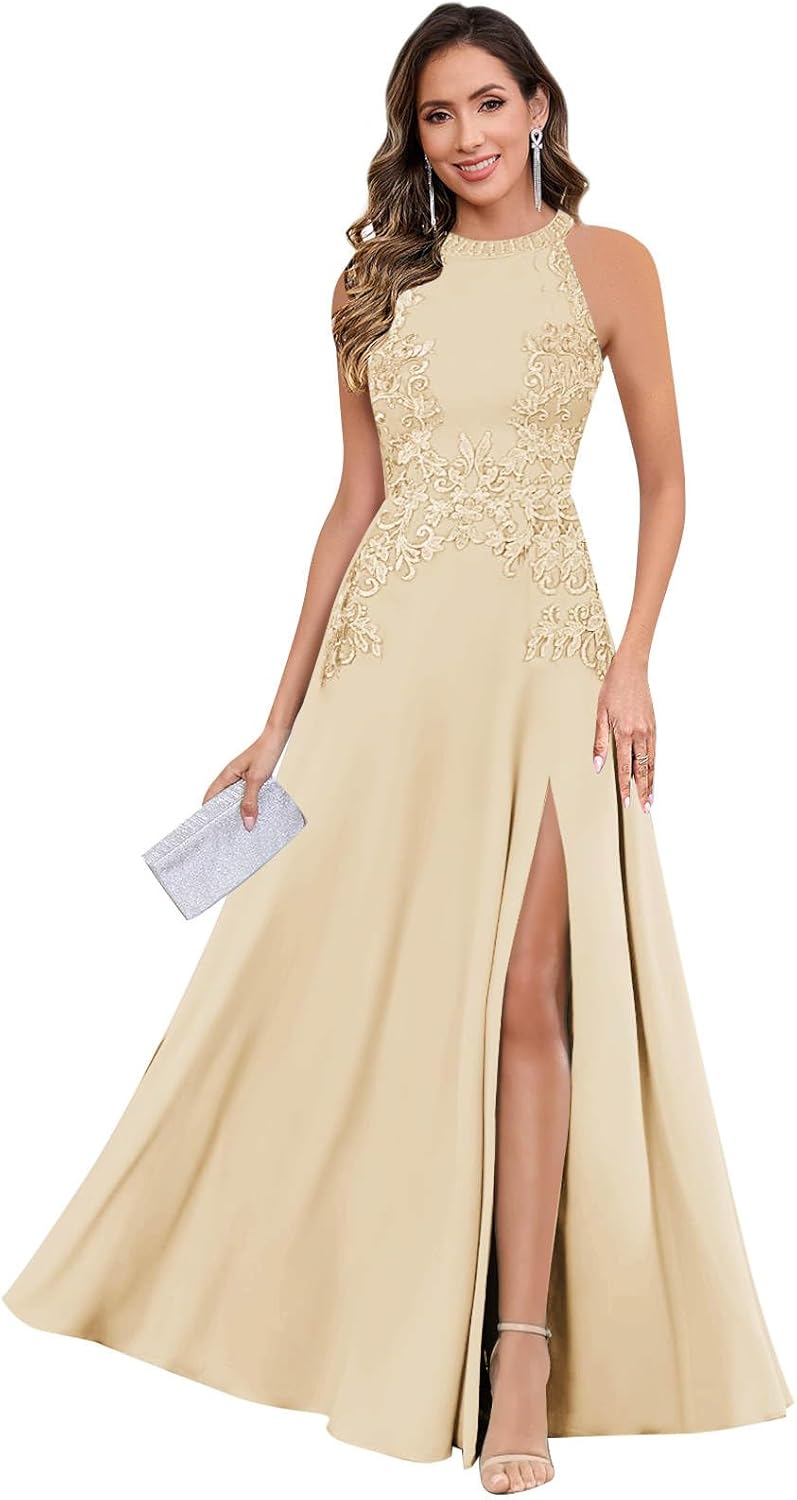 GUKARLEED Halter Lace Appliques Mother of The Bride Dresses for Women Long A-line Formal Wedding Guest Dress with Slit