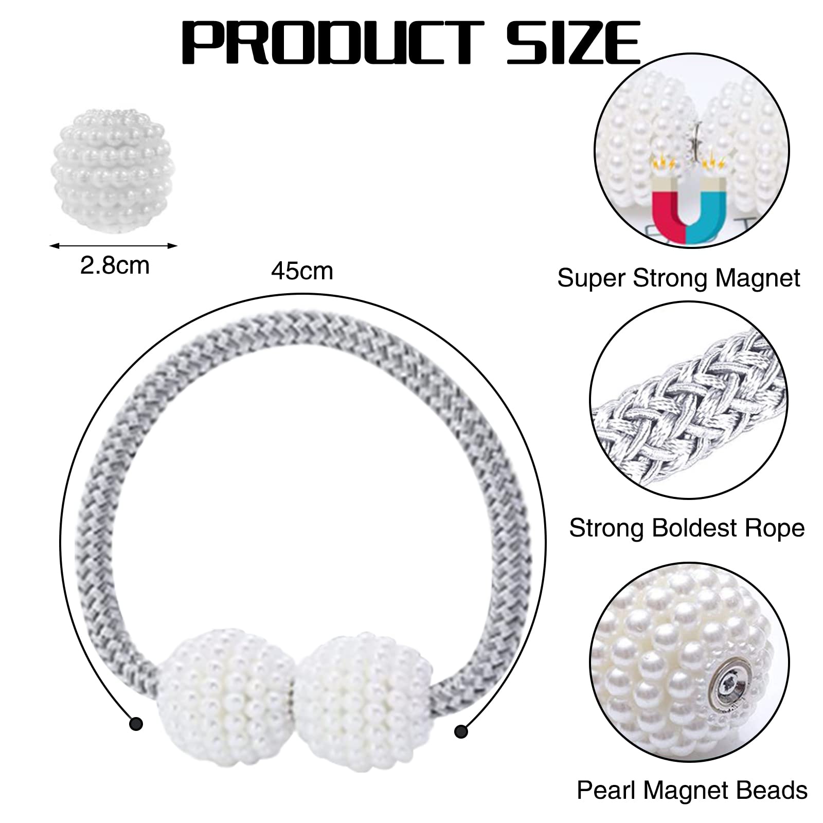 Fermaporte Magnetici Per Tende Con Sfera Di Perla - 4 Pezzi, Design Elegante, Montaggio Senza Fori - Foto 4