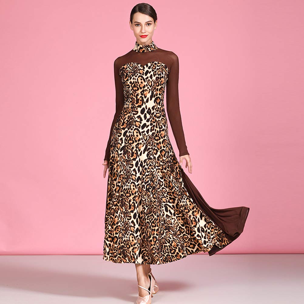Vestidos De Baile De Salón De Manga Larga Ropa De Baile De Vals con Estampado De Leopardo para Mujer Conjunto para Práctica De Salsa De Estampado Ropa De Flamenco con Gran Vuelo
