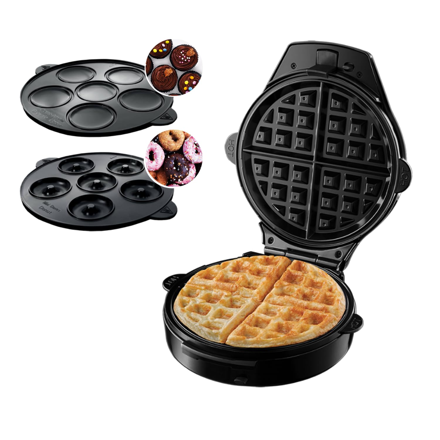 Russell Hobbs 3-in-1-Multifunktionsgerät Rund, Fiesta Rot, 900 Watt | Rundes 900-Watt-Waffeleisen, Mini-Cupcake- und Mini-Donut-Maker, spülmaschinengeeignete Antihaftplatten, 24620-56