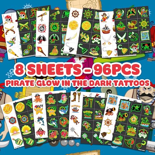 Image of 96 PCS Pirate Pre-Cut Luminous Glow in the dark Temporary Tattoos for Kids | Super Cute Ship Nautical Theme Birthday Party Favors Supplies Decorations, Treasure Fake Tattoos Gifts for Boys Girls