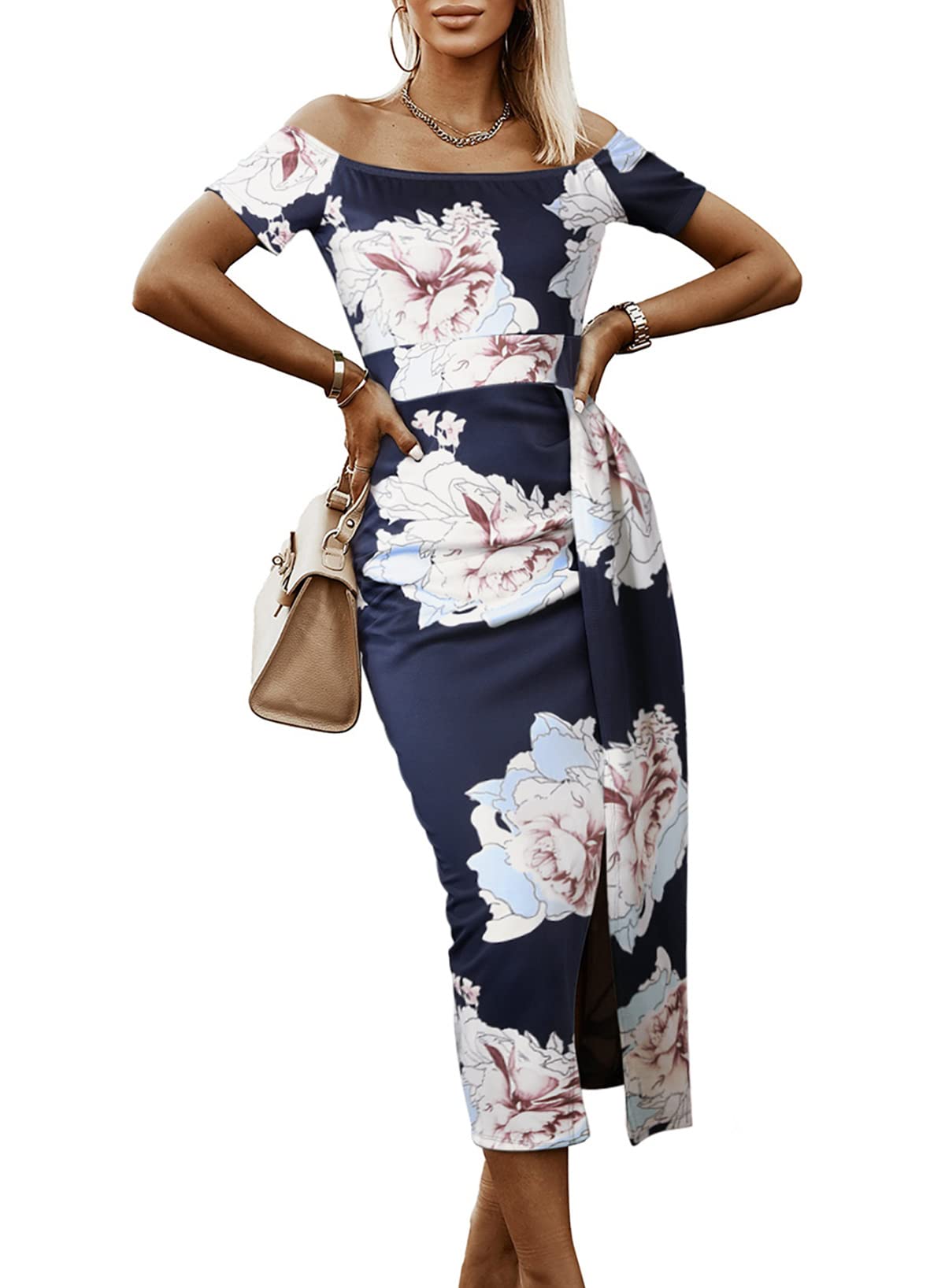 Sidefeel Women's Casual Off The Shoulder Floral Print High Slit Ruched Bodycon Evening Party Dress