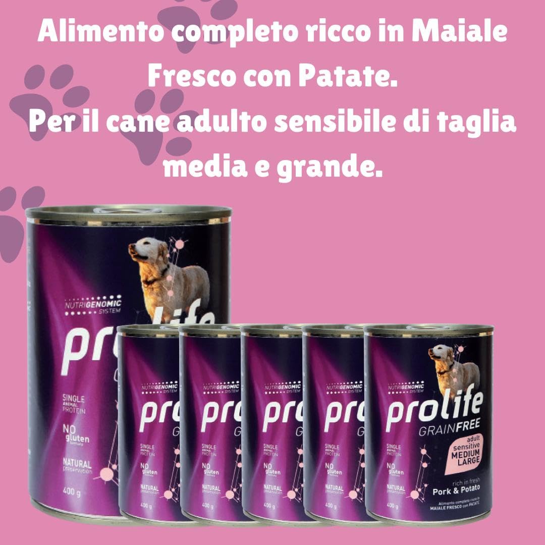Prolife Umido Per Cani Adulti Sensitive Grain Free – Maiale E Patate, 6 Scatolette Da 400g, Senza Cereali, Per Cani Di Taglia Media E Grande - Foto 2