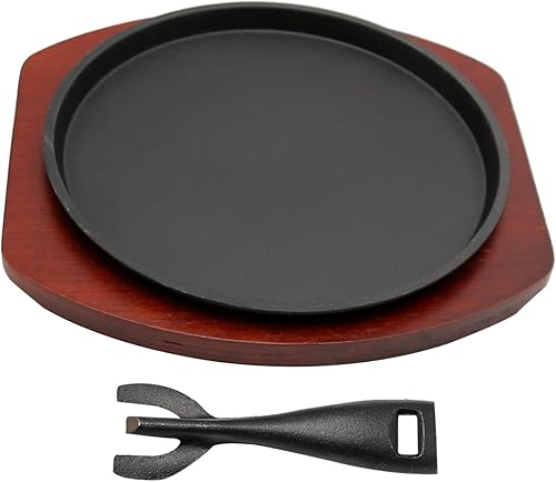 Miniatura 5 de VIKKSAER Plato de carne de hierro fundido de 10.2 pulgadas, plato chisporroteante con base de madera y agarre de placa caliente, placa de servidor