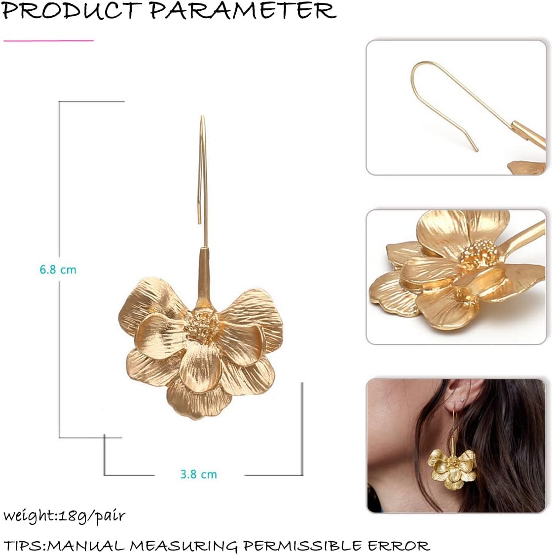Flower Dangle Earrings for Women Unisex,Statement 14K Gold Plated Hawaiian Floral Earrings, Fashion Large Petals Earrings for,Cute Trendy Boho Vintage Vacation Golden Jewelry(dangle gold) - Image 6