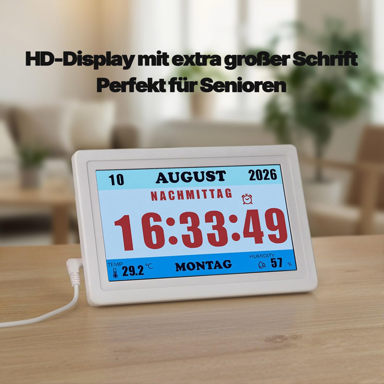 7'' Digitale Demenz-Uhr für Senioren - Große Schriftanzeige mit Uhrzeit, Datum, Wochentag, Temperatur, 5 Alarmen & 10 Erinnerungen, Automatische Dimmung, Weiß