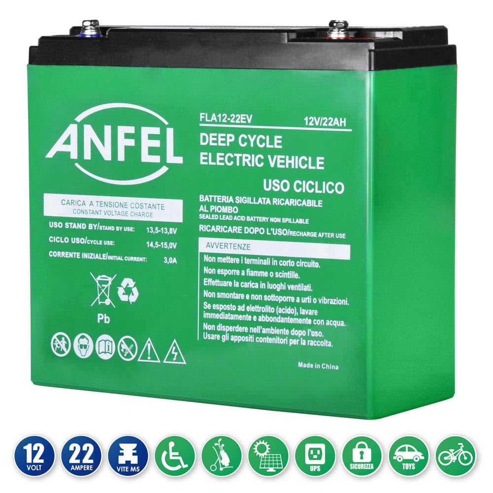 Batteria 12V 22Ah CICLICA sigillata VRLA Ricaricabile AGM Deep Cycle Senza manutezione Solare Camper Barca Nautica UPS Sicurezza Veicoli Elettrici eBike Scooter Impianti fotovoltaici SCARICA LENTA