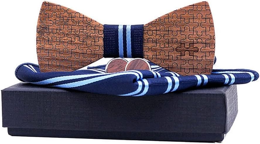 Wood Bowtie+Handkerchief+Cufflinks Sets for Mens Suit Bow Tie Bowknots Jigsaw puzzle Wedding Party Christmas tie