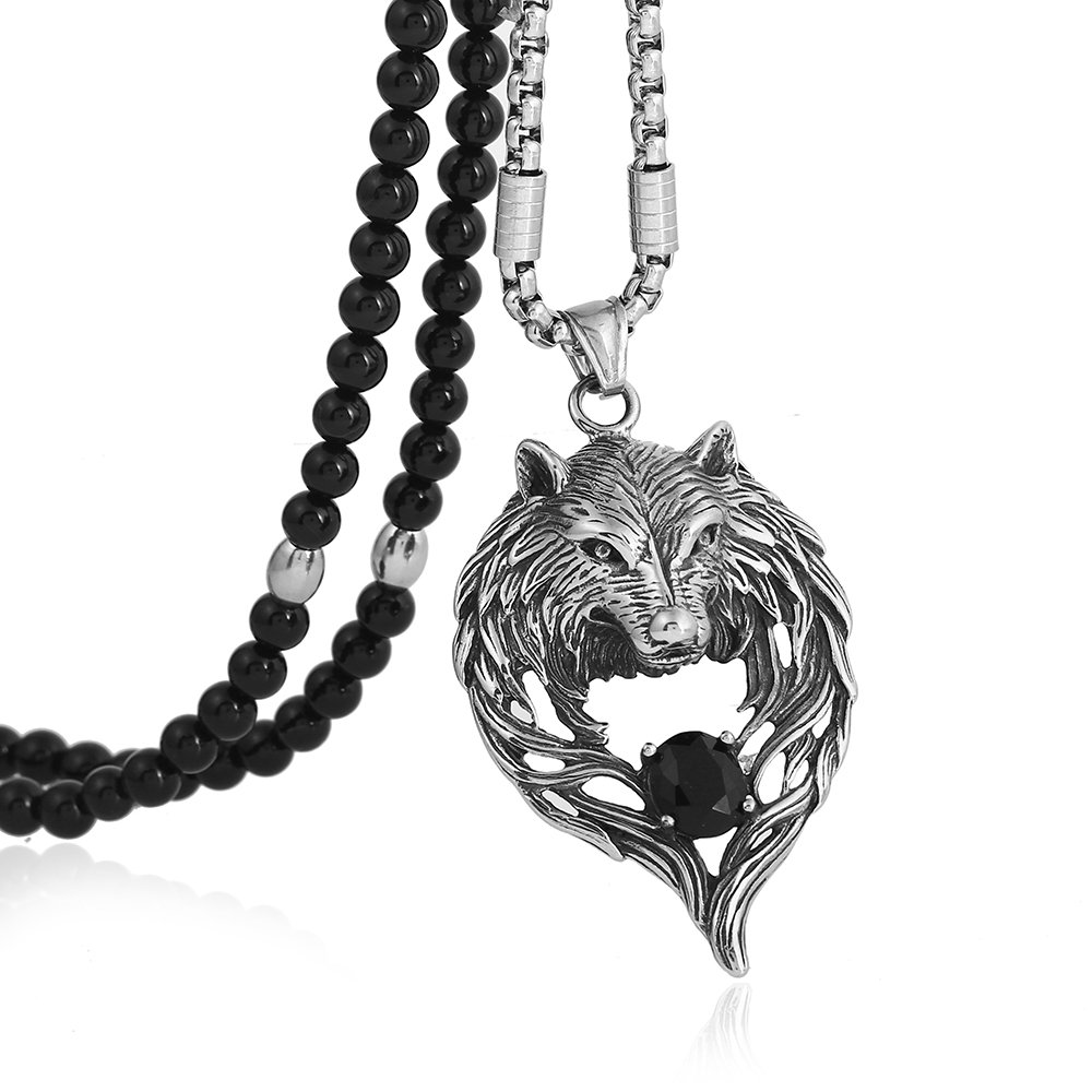 BLEUM CADEMen Stainless Steel Tribal Wolf Biker Pendant Necklace Black Natural Agate Stone Beaded Chain 26inch