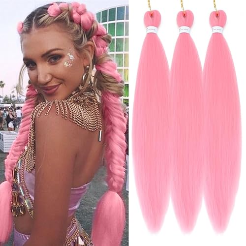 Miniatura 7 de Extensiones de cabello trenzado color rosa, cabello sintético preestirado, cabello trenzado de color, cabello de ganchillo preestirado (3 paquetes,