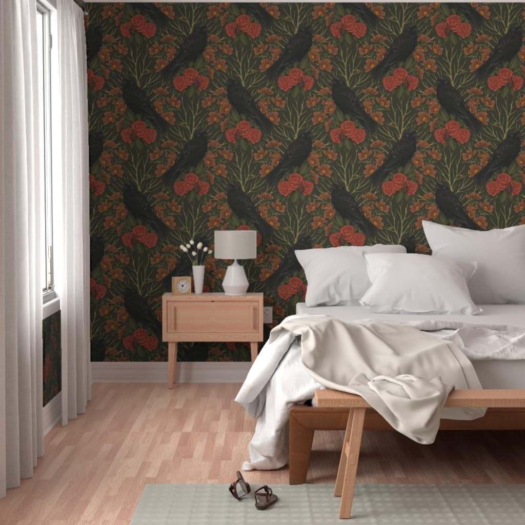 Peel & Stick Wallpaper 12ft x 2ft - Art Nouveau Ravens Nature Rose Gothic Moody Witch Custom Removable Wallpaper by Spoonflower