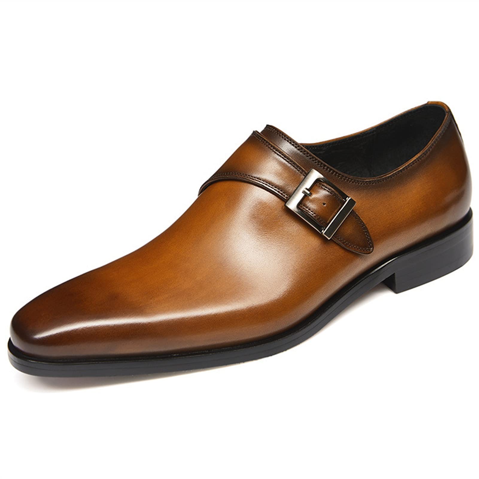 Oxford Shoes for Men Slip On Monk Strap Square Burnished Toe Leather Rubber Sole Anti-Slip Block Heel Casual